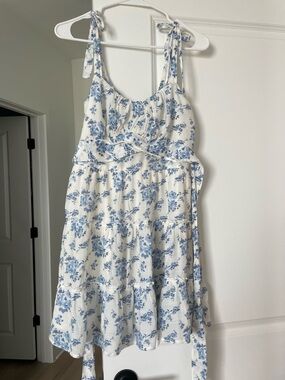 Trixxi White Dress with Blue Floral Print and Tie Straps